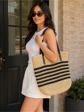 La Vie en Rose Aqua Woven Straw Beach Tote Bag Black & Natural Large Shopper